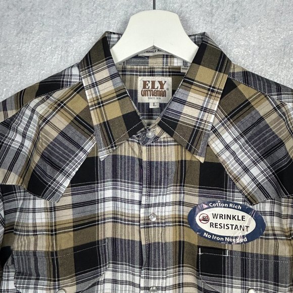 Ely Cattleman Shirt Mens L Plaid Pearl Snap Western Cowboy Wrinkle Resistant - Picture 3 of 13